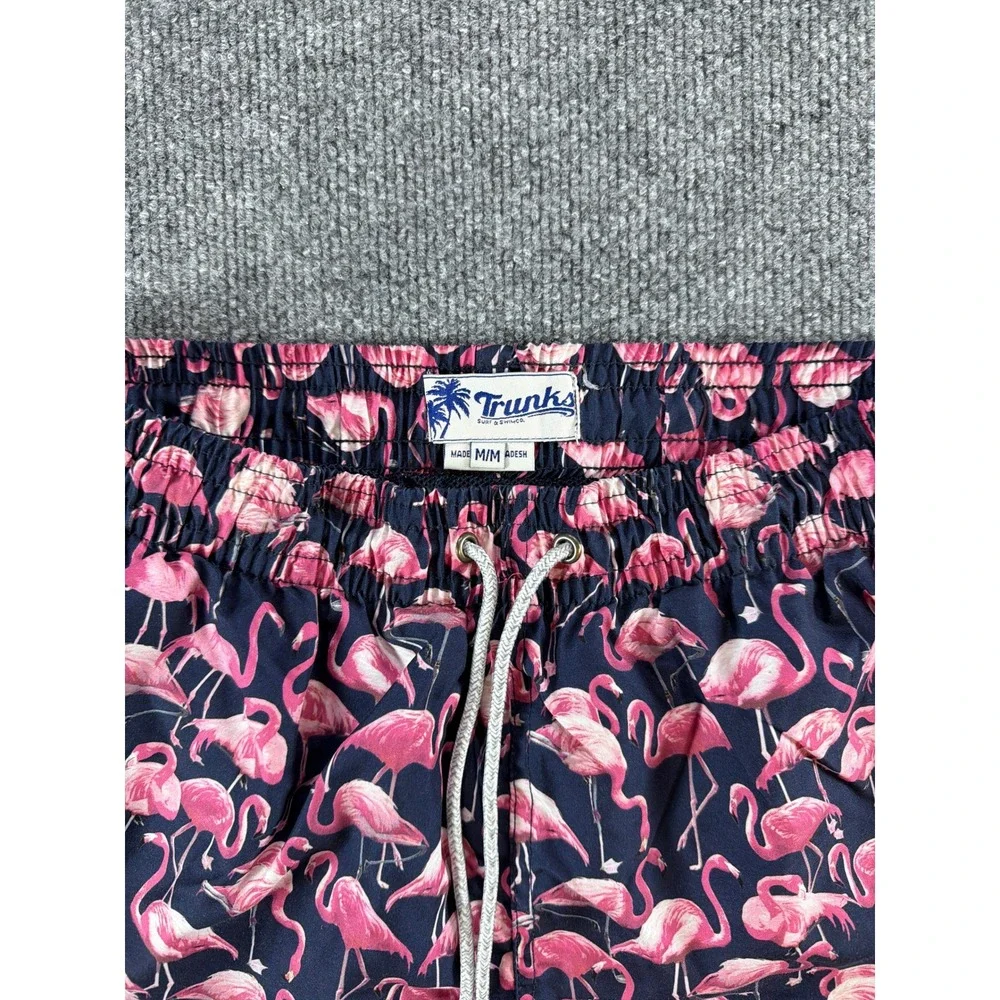 Trunks Surf & Swim Co‎ Mens Pink Flamingo Print Swim Trunks Navy Blue Medium 5in